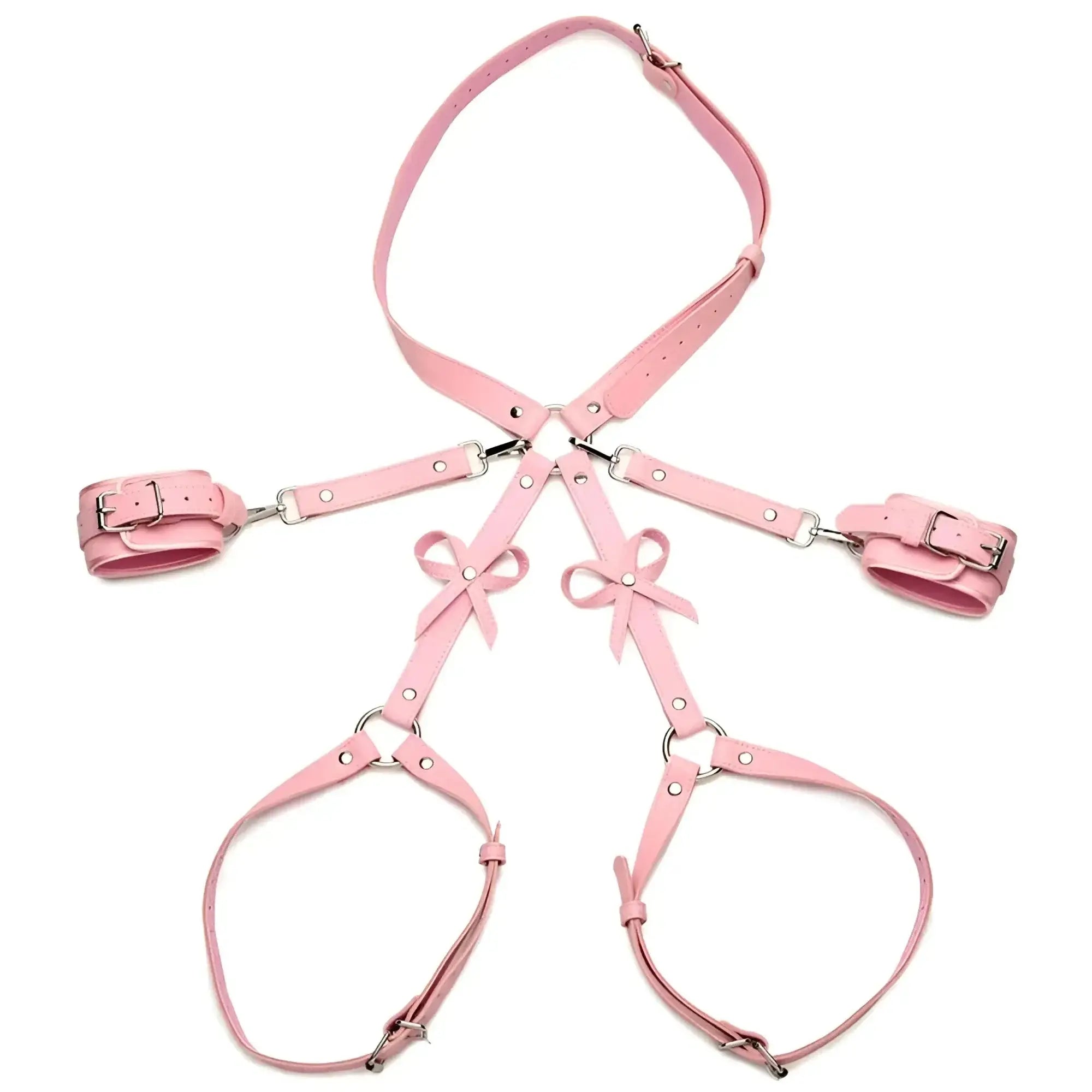 Pink leather bondage harness with silver metal hardware and decorative bows strict bondage harness with bows ml