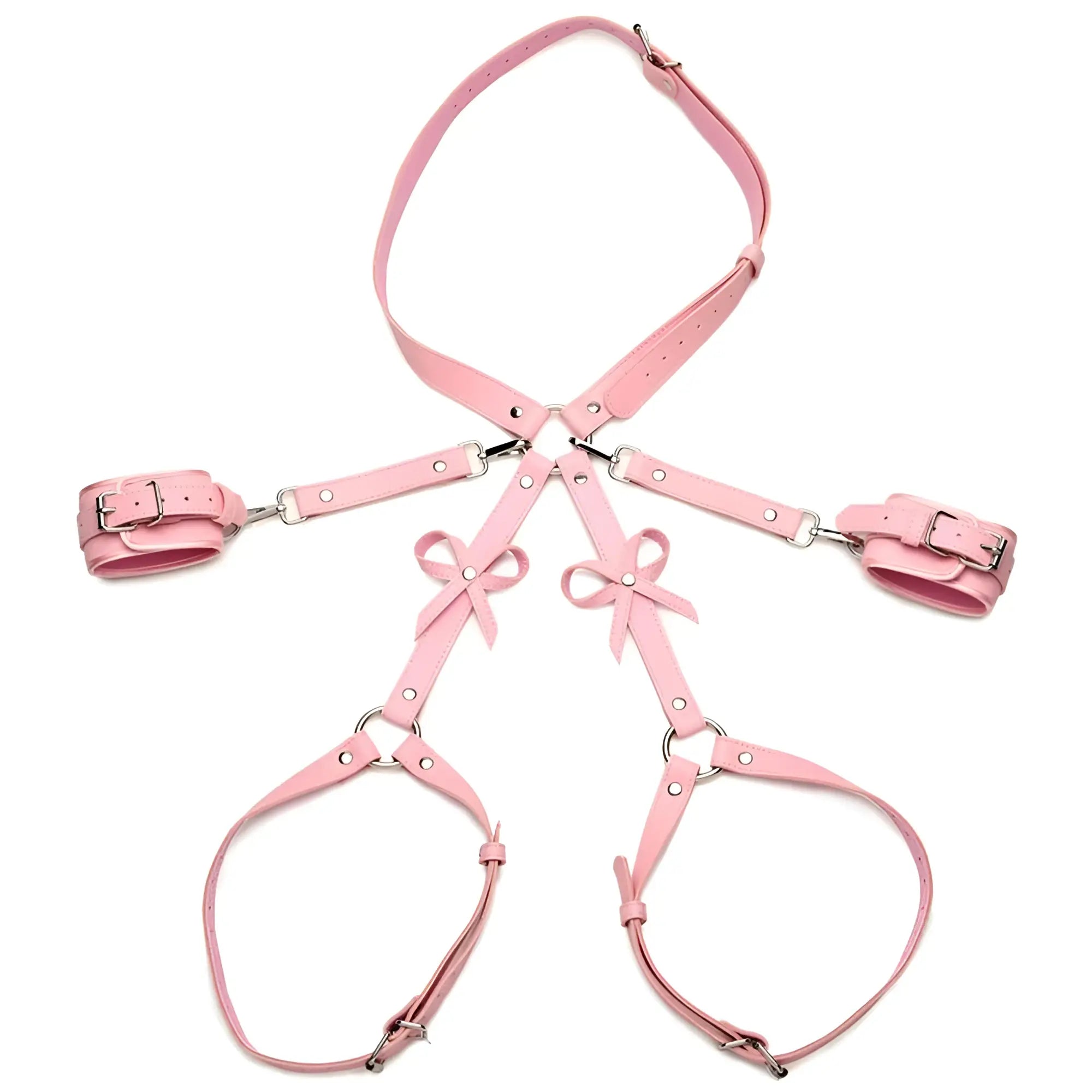 Pink leather bondage harness with silver metal hardware and decorative bows strict bondage harness with bows ml