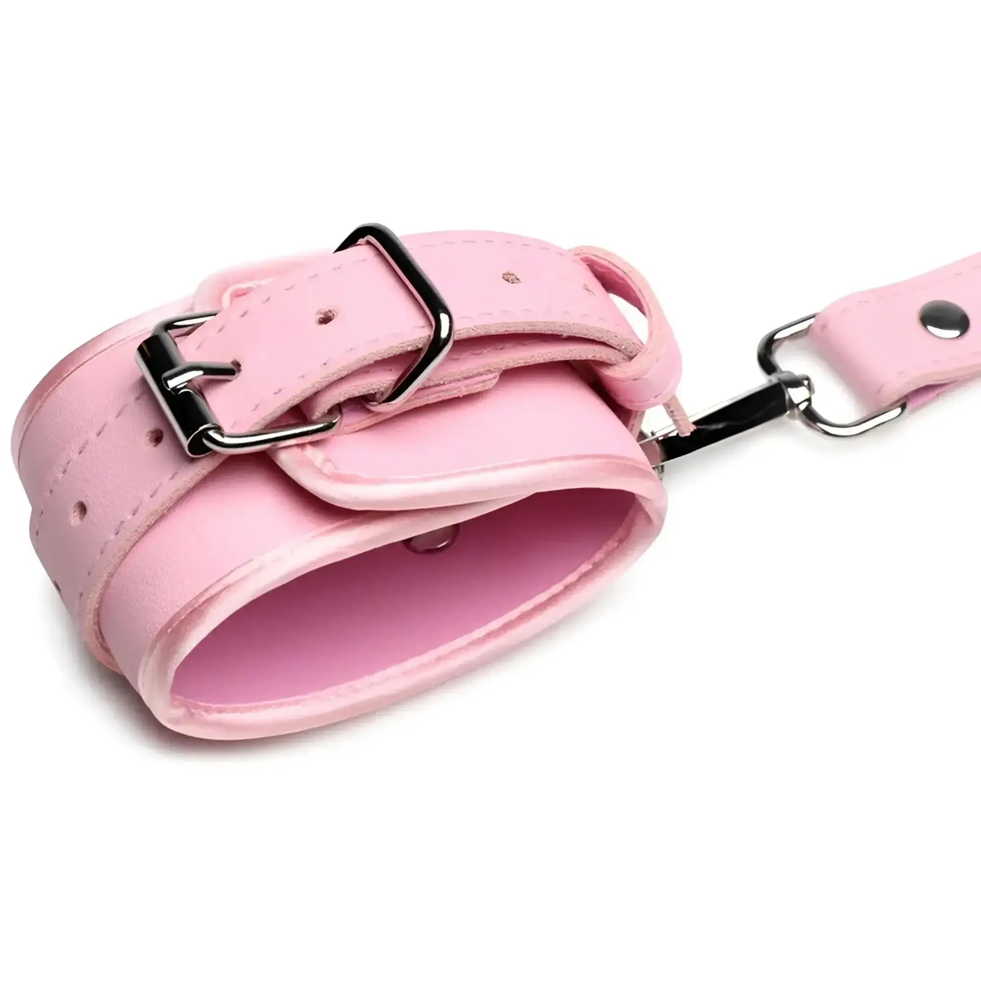 Pink leather strict bondage harness with black metal buckle and attached chain featuring decorative bows size m/l