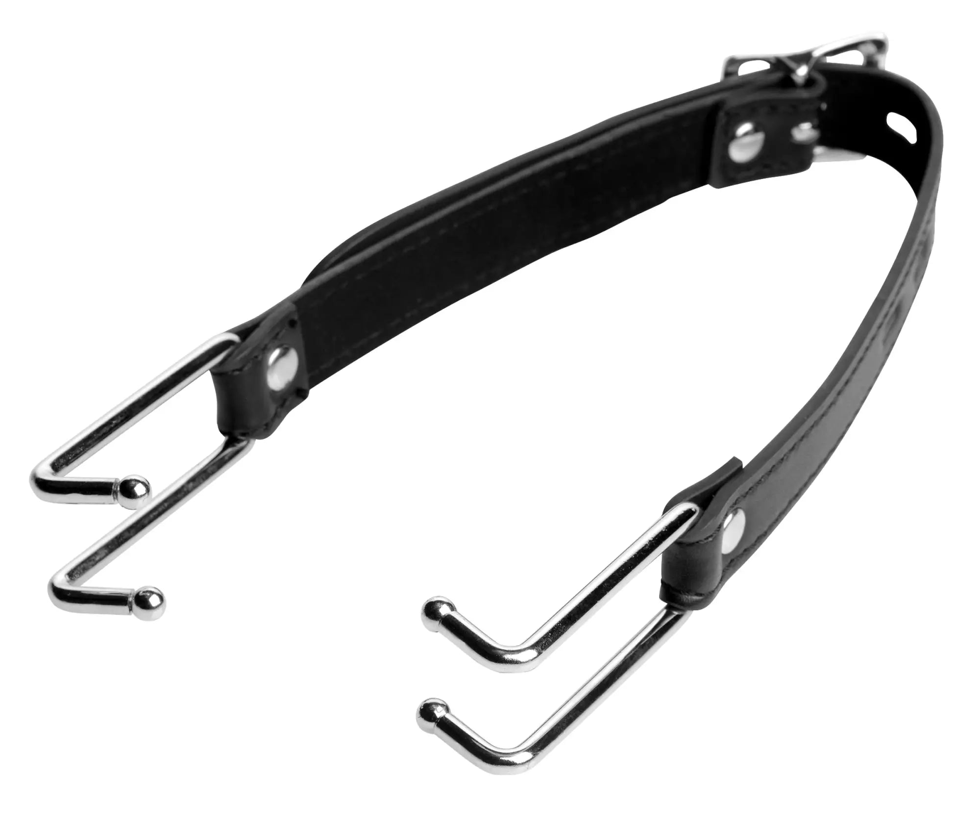Black leather strict claw hook mouth spreader with silver hooks and adjustable buckle for secure fit