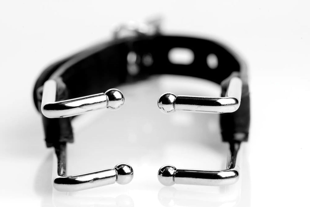 Black leather strict claw hook mouth spreader with silver metal bars and spherical ends restraint device
