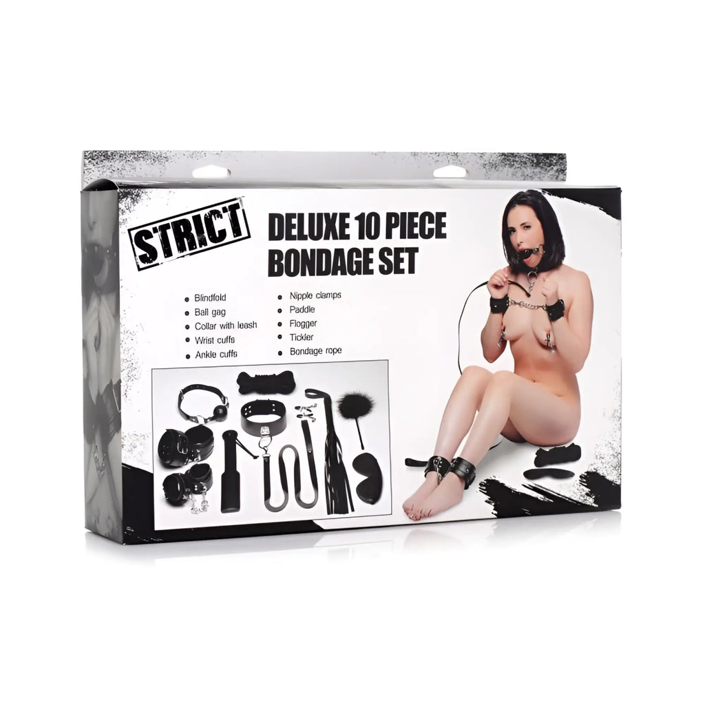 Strict deluxe 10 pc bondage set in black with leather restraints worn by a woman and black and white packaging