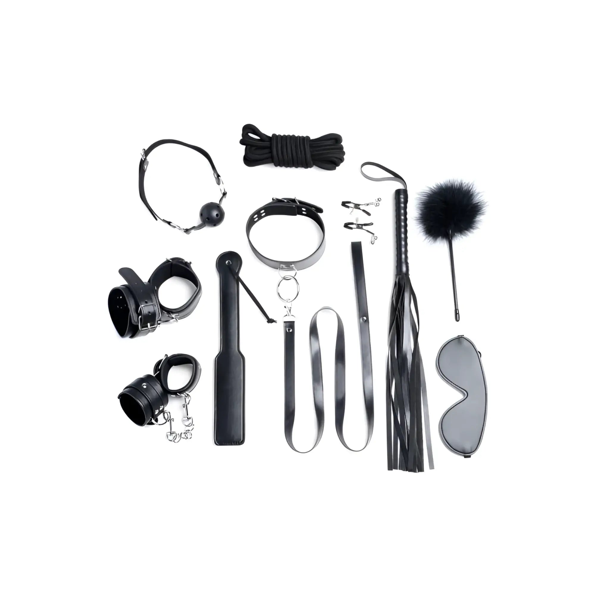 Black leather bondage set with metal hardware and a fluffy black feathered whip from Strict Deluxe 10 Pc Bondage Set Black