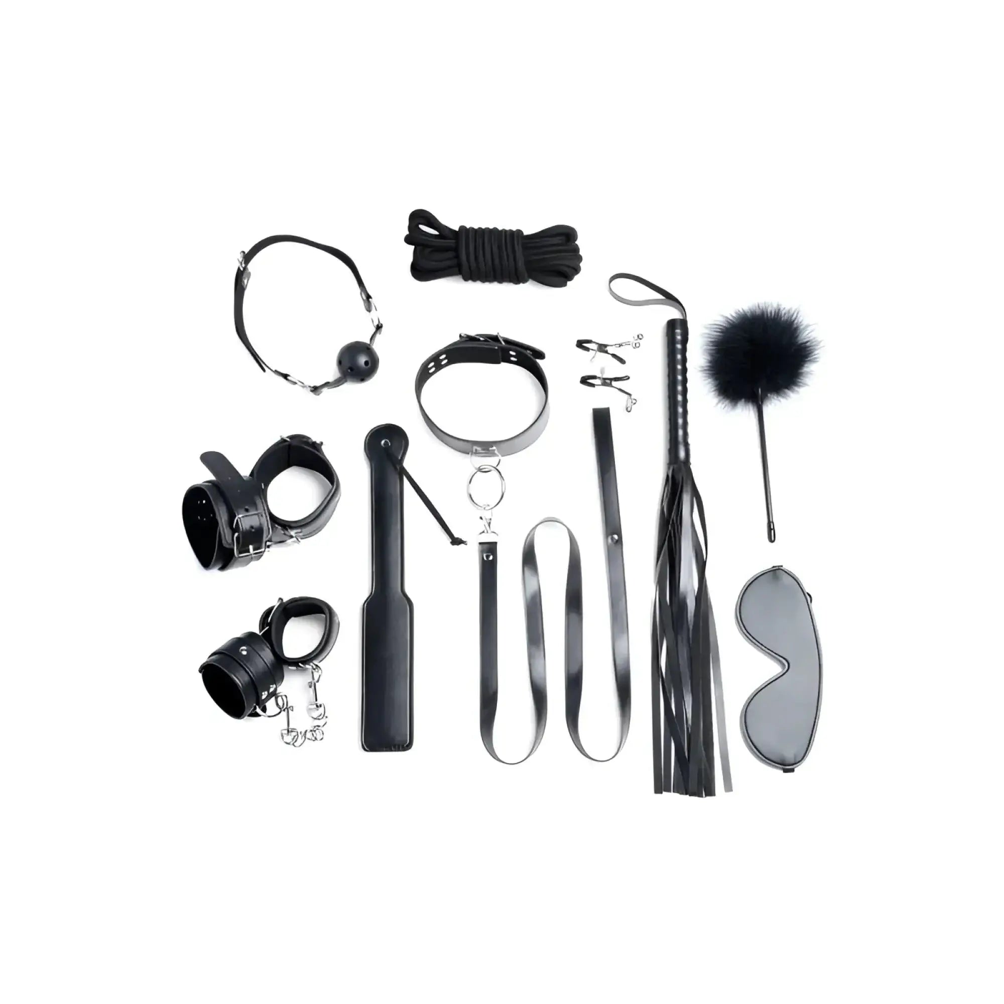 Black leather bondage set with metal hardware and a fluffy black feathered whip from Strict Deluxe 10 Pc Bondage Set Black