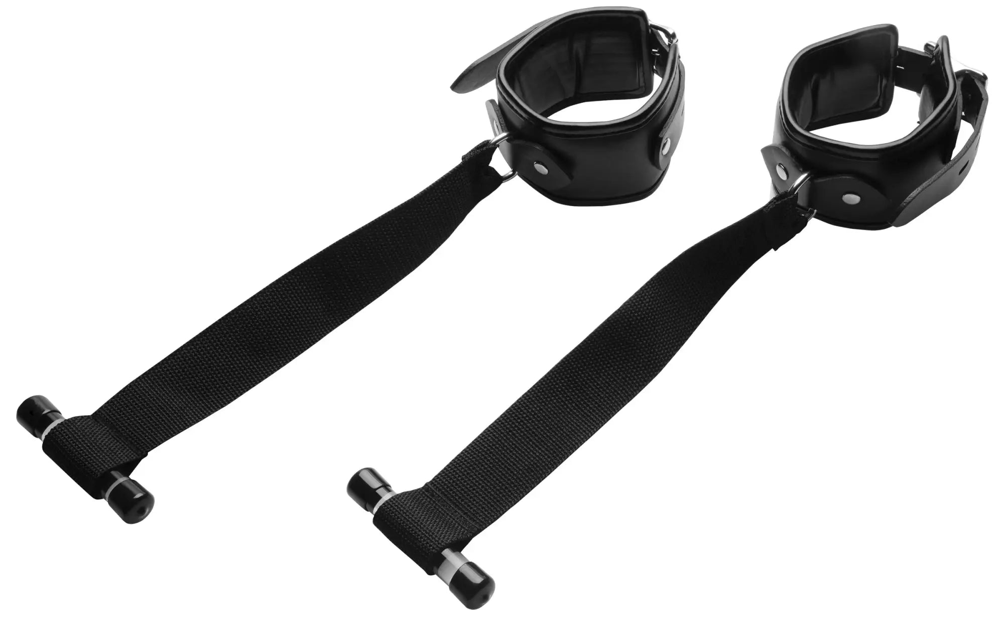 Black leather handcuffs with adjustable straps and metal clasps for strict deluxe over the door restraint system