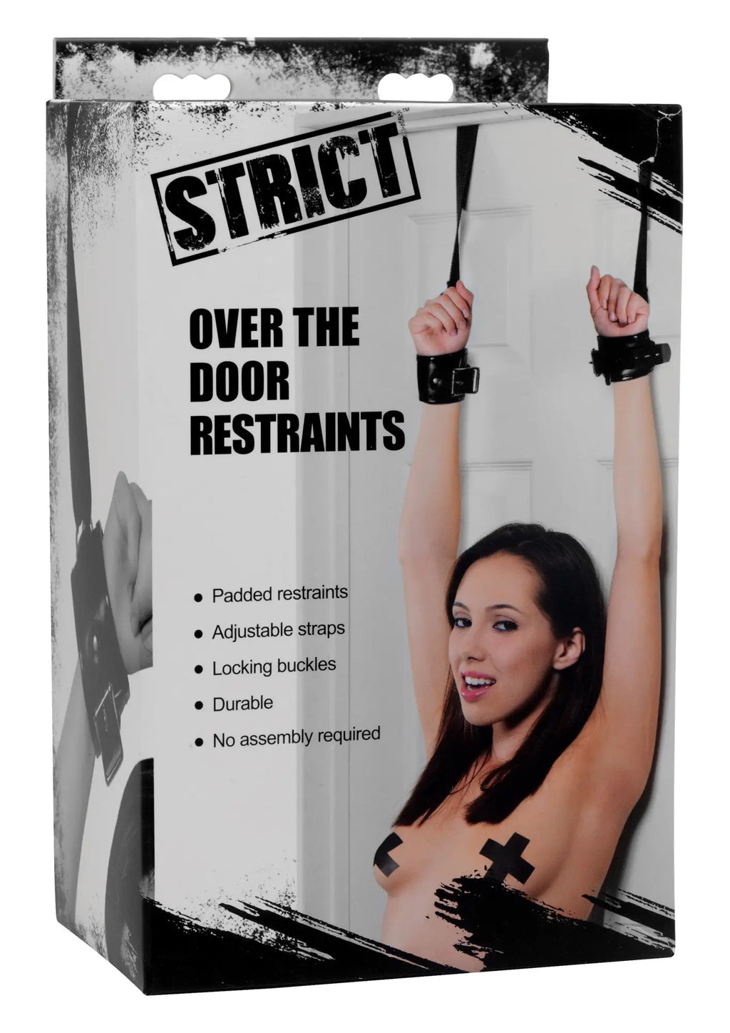 Black padded over the door restraints with adjustable straps and locking buckles from the Strict Deluxe system