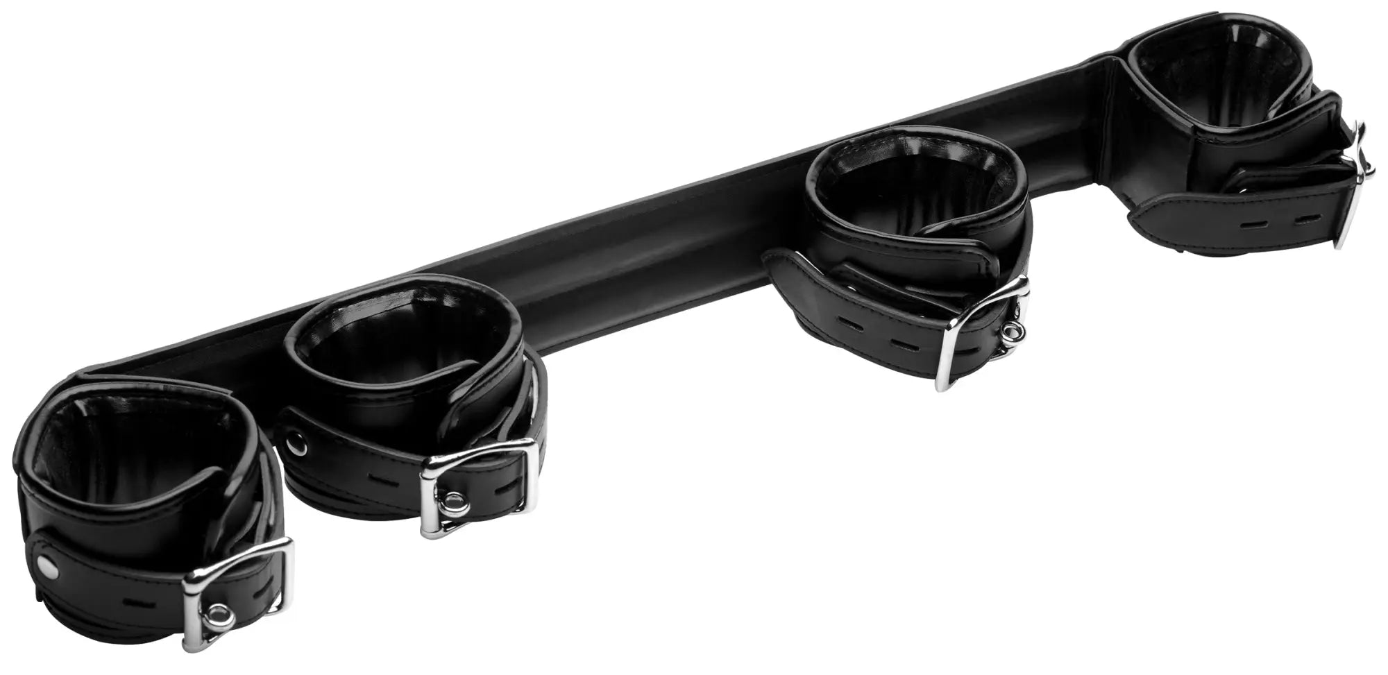 Black leather bondage restraint with three adjustable cuffs and silver metal buckles in strict deluxe rigid spreader bar