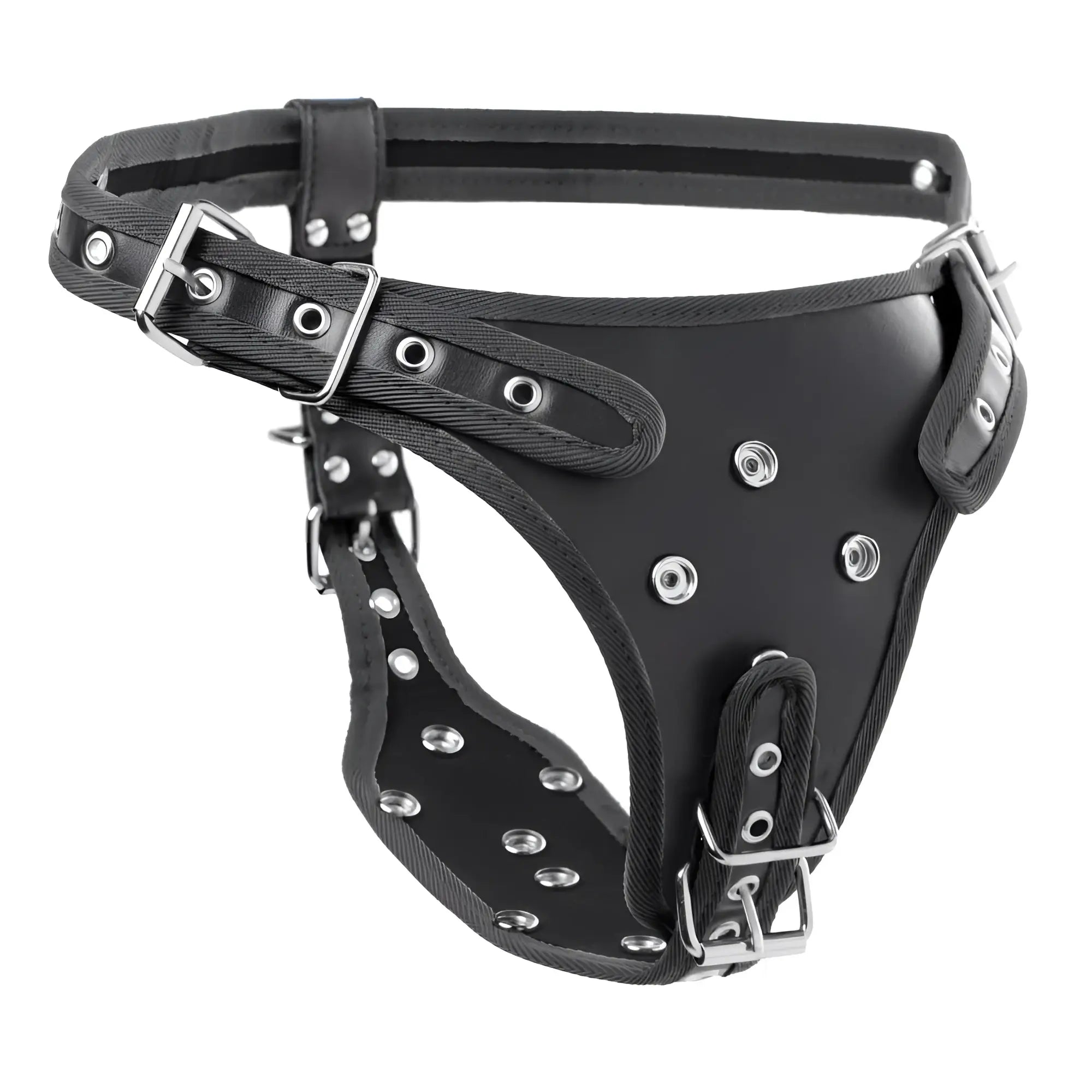 Black leather strict double penetration strap on harness with silver metal buckles and studs for secure fit