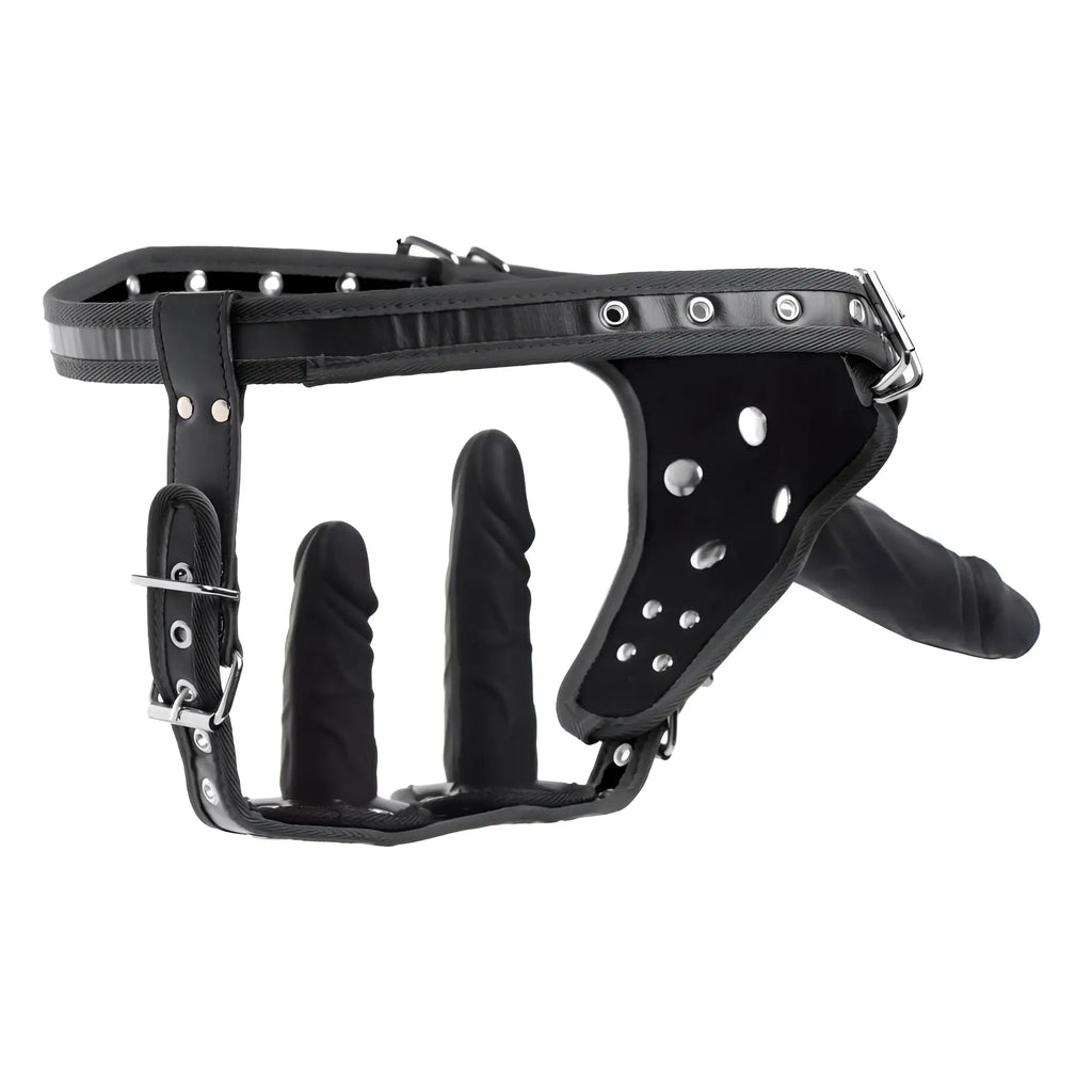 Black leather strict double penetration strap on harness with three molded silicone phallic inserts and silver hardware