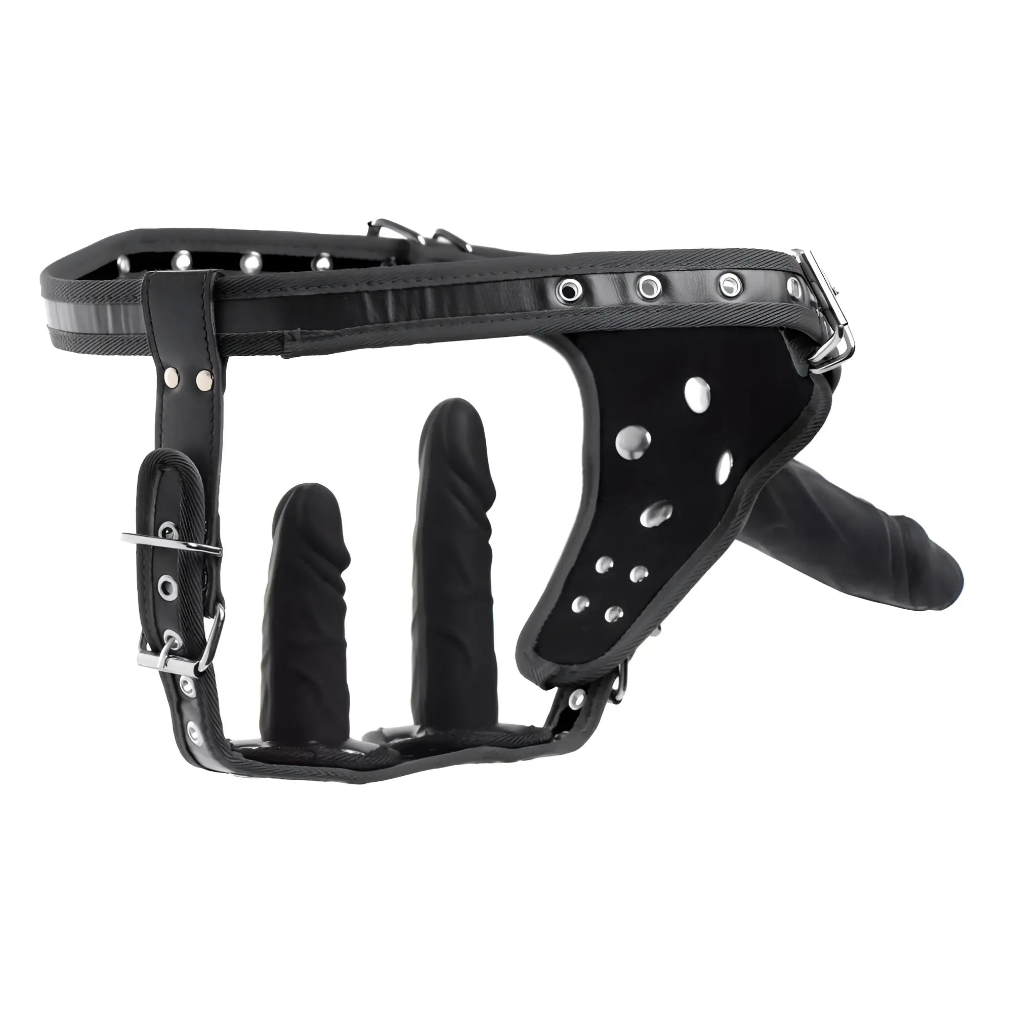 Black leather strict double penetration strap on harness with three molded silicone phallic inserts and silver hardware