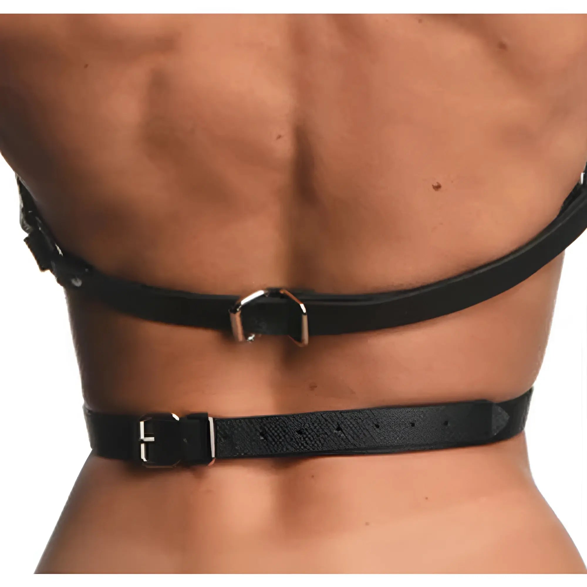 Black leather female body harness with silver-toned buckles in size large/xl, front view