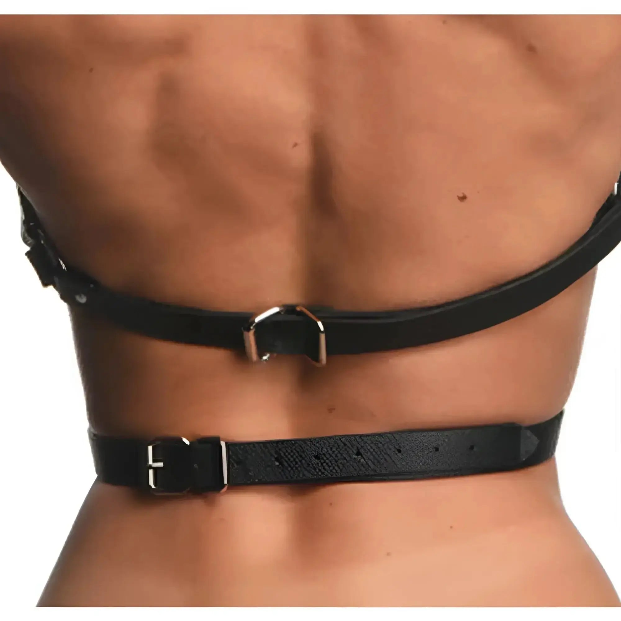 Black leather female body harness with silver toned buckles in size small medium shown from the front