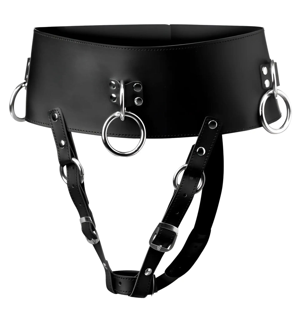 Black leather strict forced orgasm wand holder belt with silver metal rings and buckles is shown from the back side