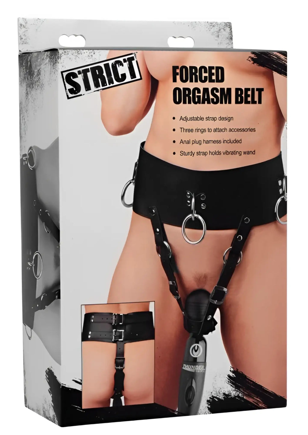 Black leather forced orgasm wand holder belt with silver metal rings adjustable straps and attached anal plug harness