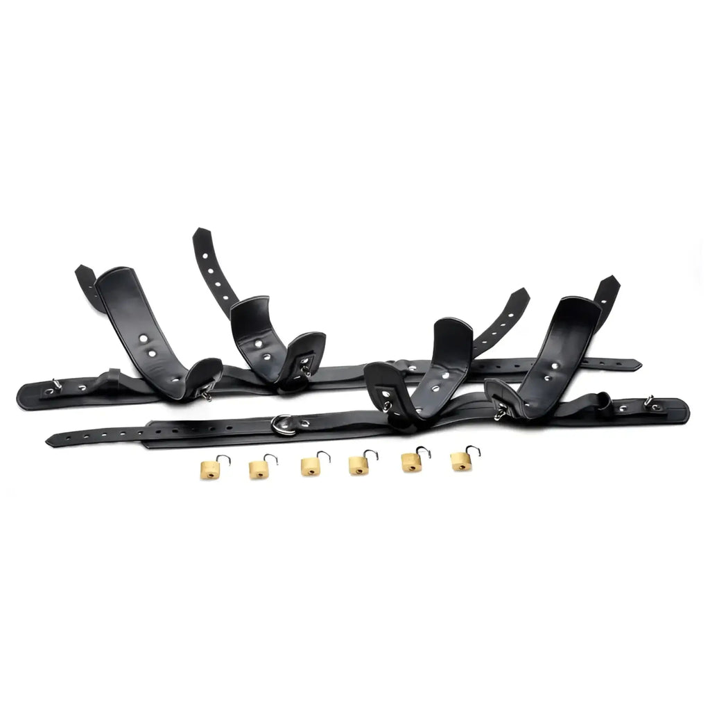 Black leather strict frog tie restraint set with adjustable straps metal buckles and five brass-colored padlocks