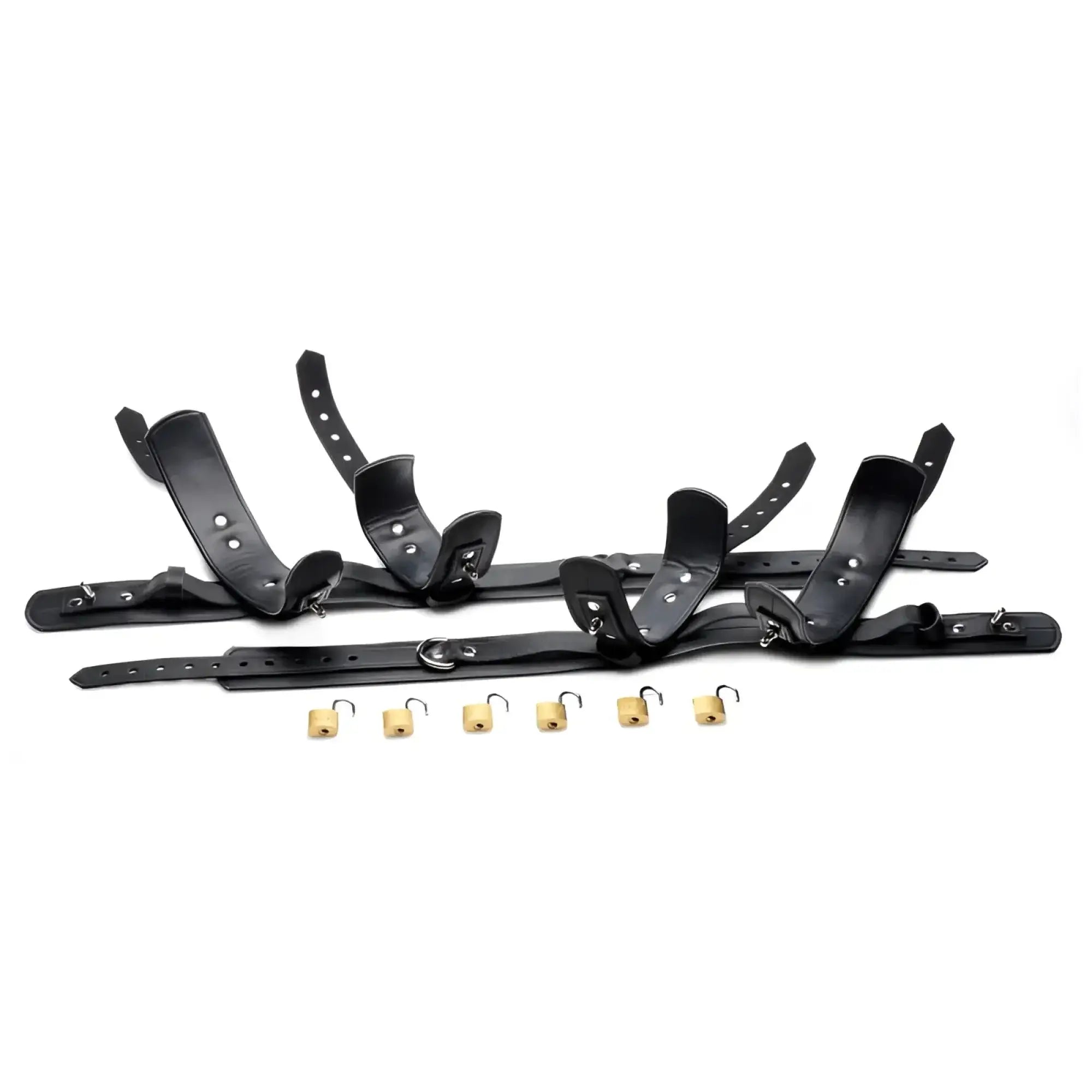 Black leather strict frog tie restraint set with adjustable straps metal buckles and five brass-colored padlocks