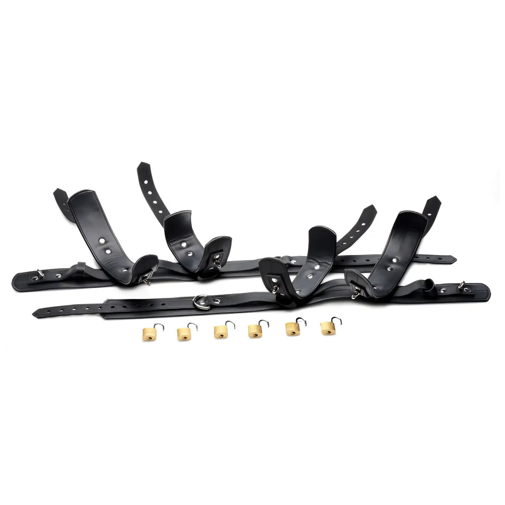 Black leather strict frog tie restraint set with adjustable straps metal buckles and five brass-colored padlocks