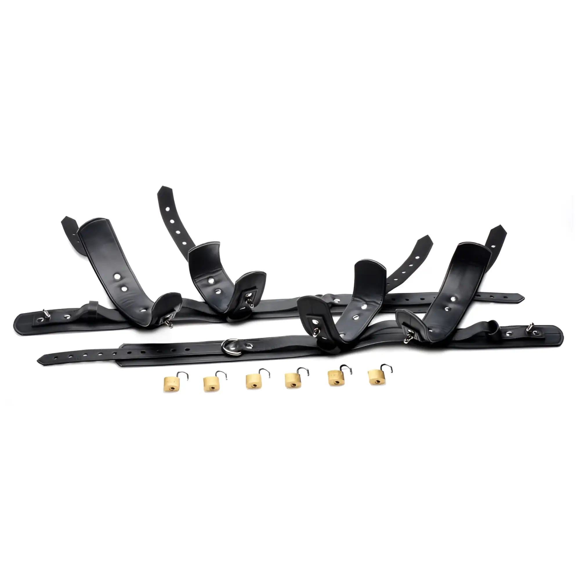Black leather strict frog tie restraint set with adjustable straps metal buckles and five brass-colored padlocks