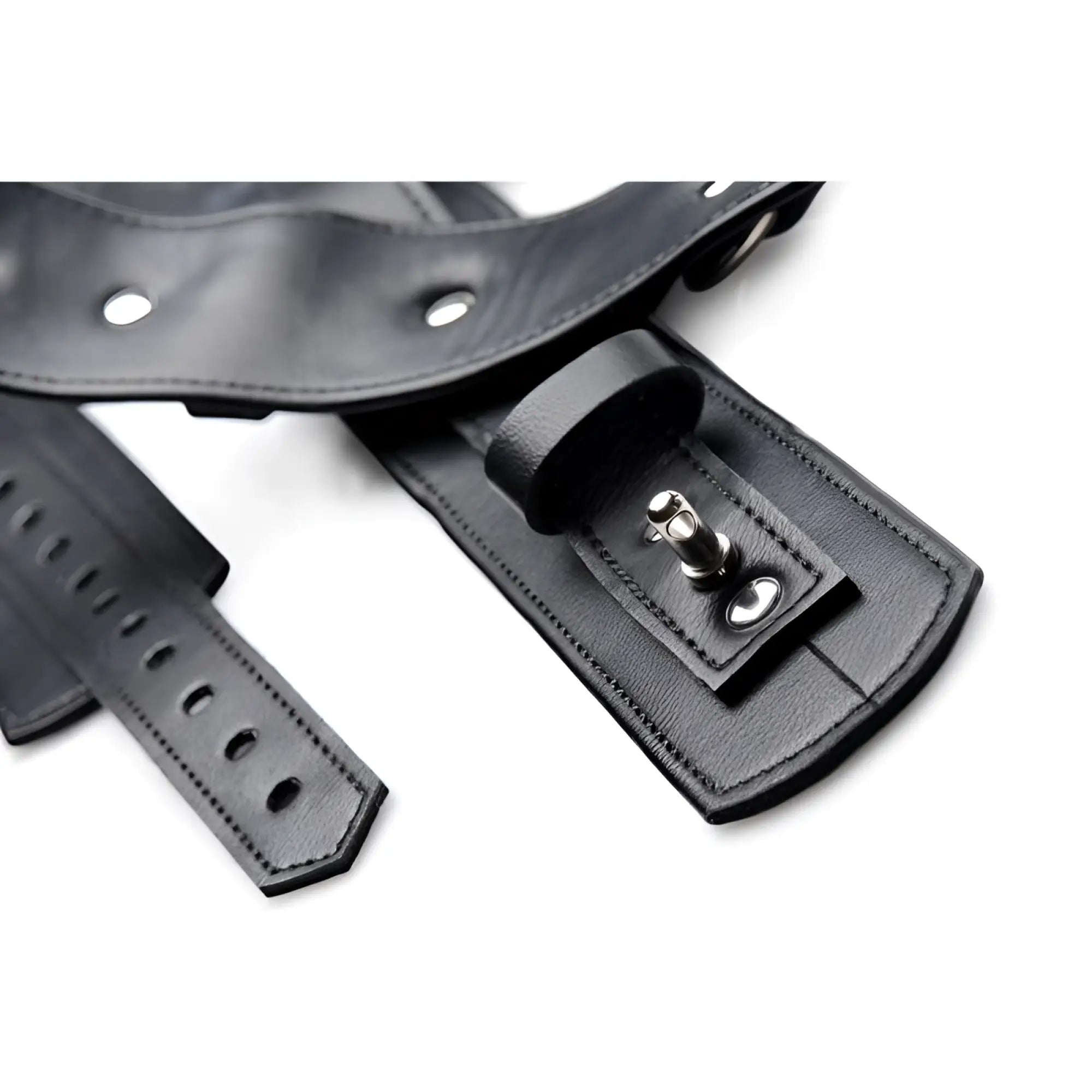 Black leather harness strap with metal buckle and adjustment holes from strict frog tie restraint set black
