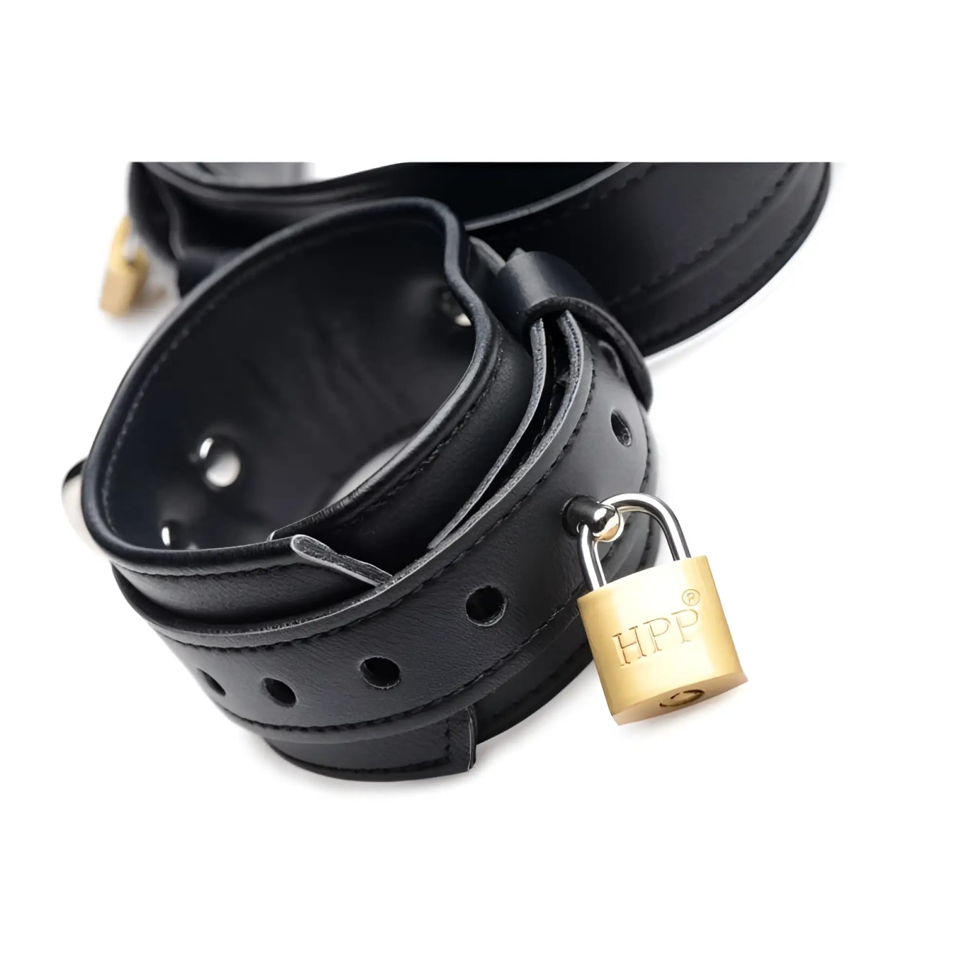 Black leather wrist restraint with gold-colored hpp brand padlock from strict frog tie restraint set black