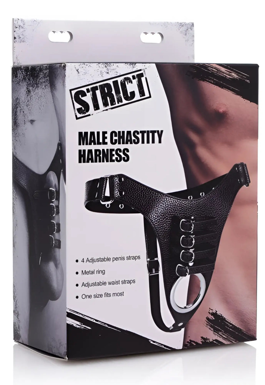 Black leather male chastity harness with metal ring and adjustable straps designed for strict male chastity use
