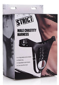Black leather male chastity harness with metal ring and adjustable straps designed for strict male chastity use