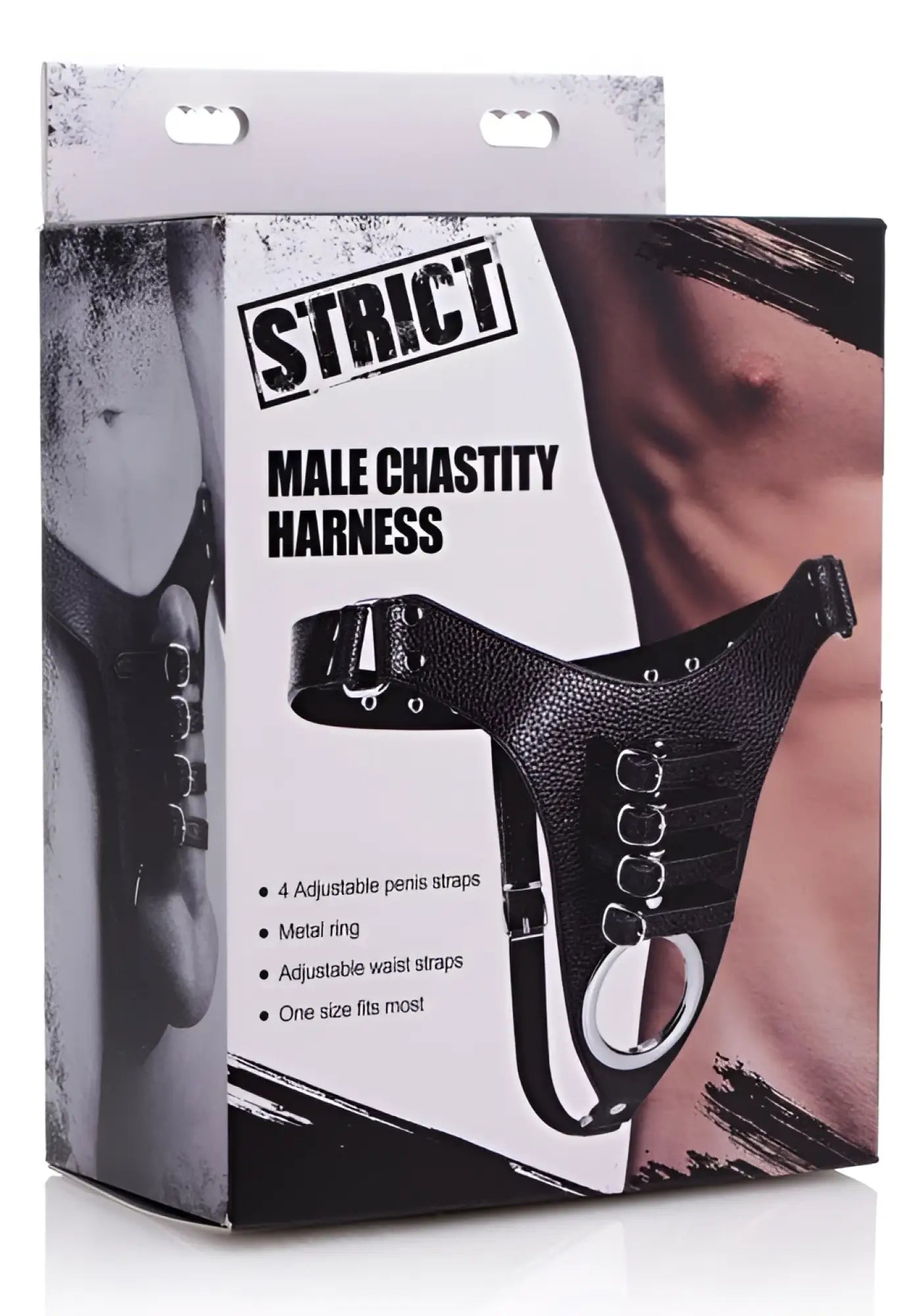 Black leather male chastity harness with metal ring and adjustable straps designed for strict male chastity use