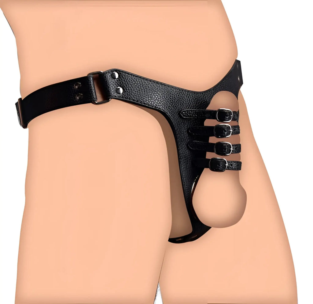 Black leather male chastity harness with multiple adjustable straps and metallic buckles for strict control