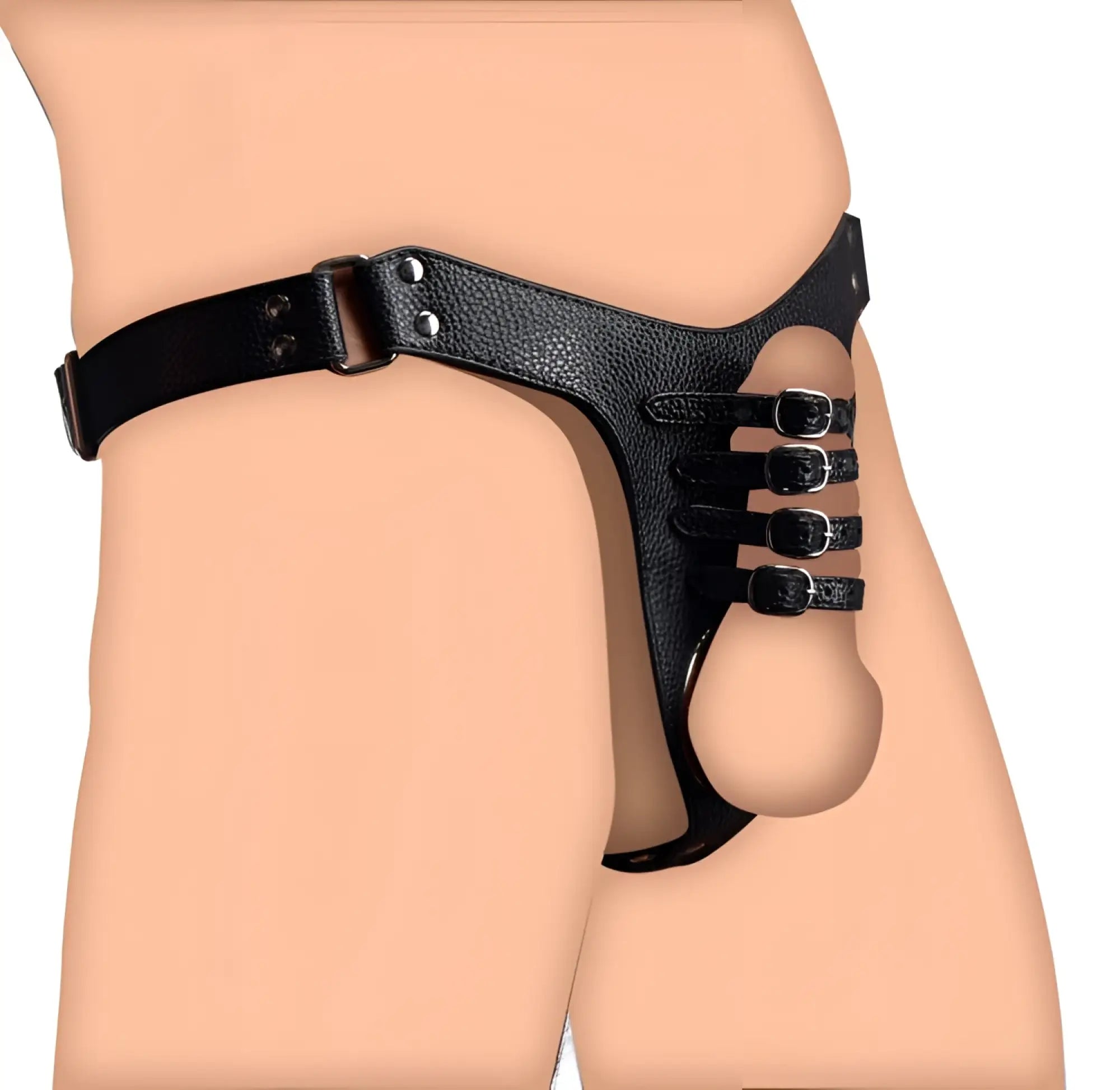 Black leather male chastity harness with multiple adjustable straps and metallic buckles for strict control