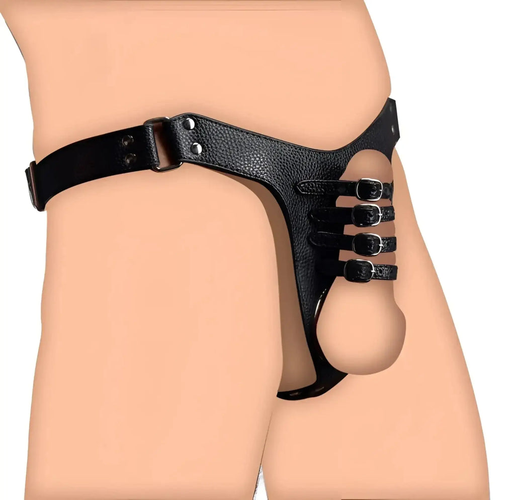 Black leather male chastity harness with multiple adjustable straps and metallic buckles for strict control