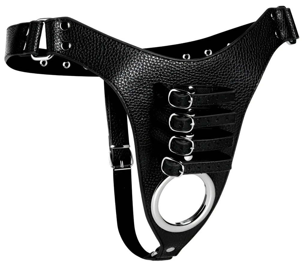 Black textured leather strict male chastity harness with silver metal buckles and central circular ring