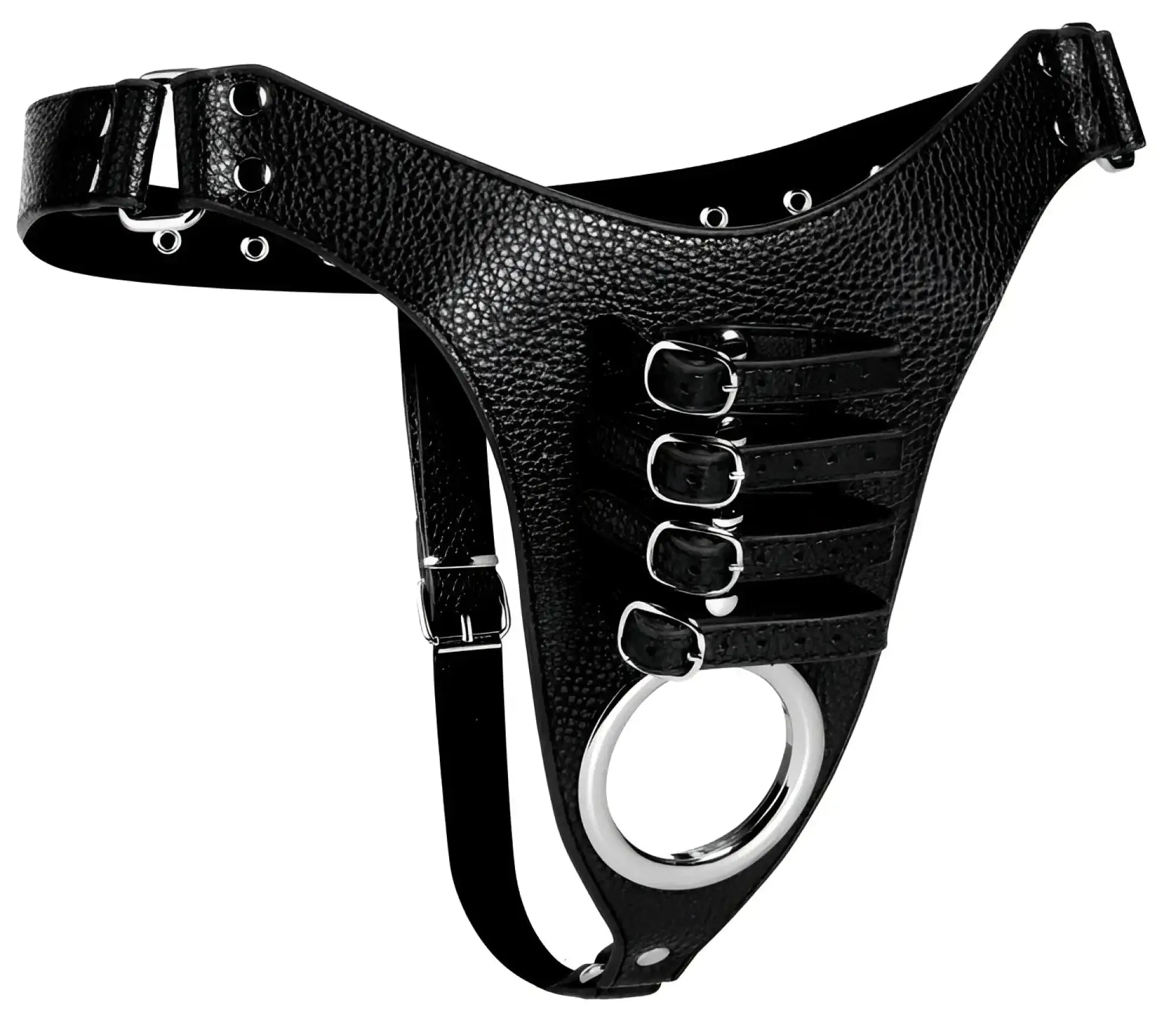 Black textured leather strict male chastity harness with silver metal buckles and central circular ring