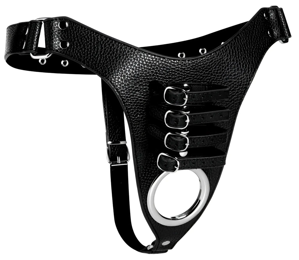 Black textured leather strict male chastity harness with silver metal buckles and central circular ring
