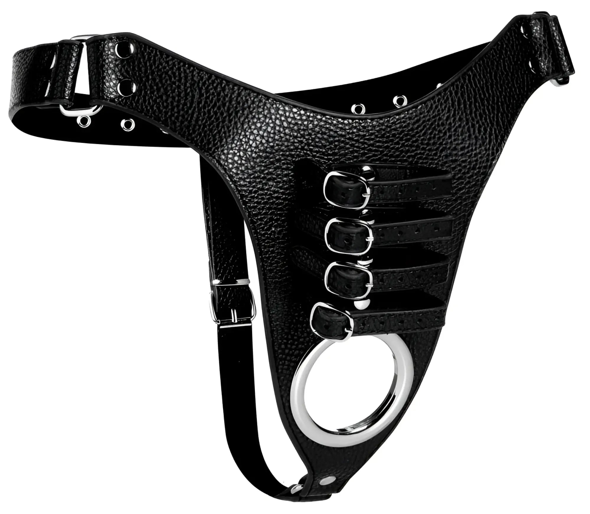 Black textured leather strict male chastity harness with silver metal buckles and central circular ring