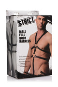 Black leather male full body harness with metal rings and adjustable straps designed for strict wear