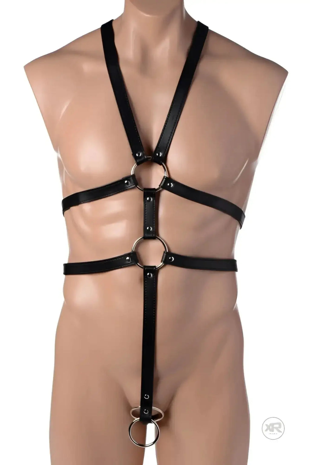 Strict male full body harness black leather bondage harness with silver rings and adjustable straps front view