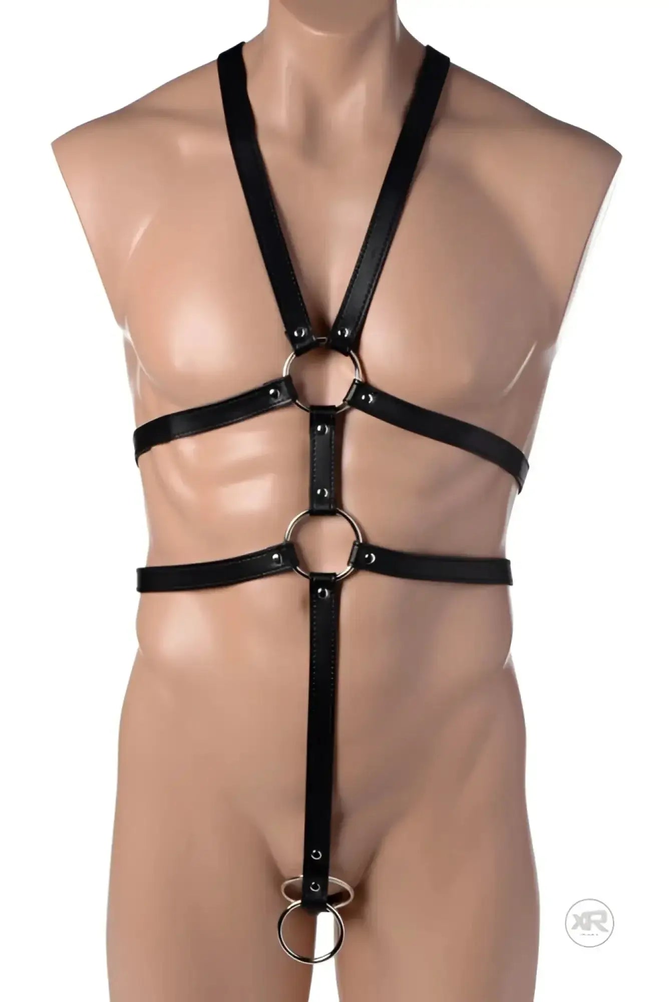 Strict male full body harness black leather bondage harness with silver rings and adjustable straps front view