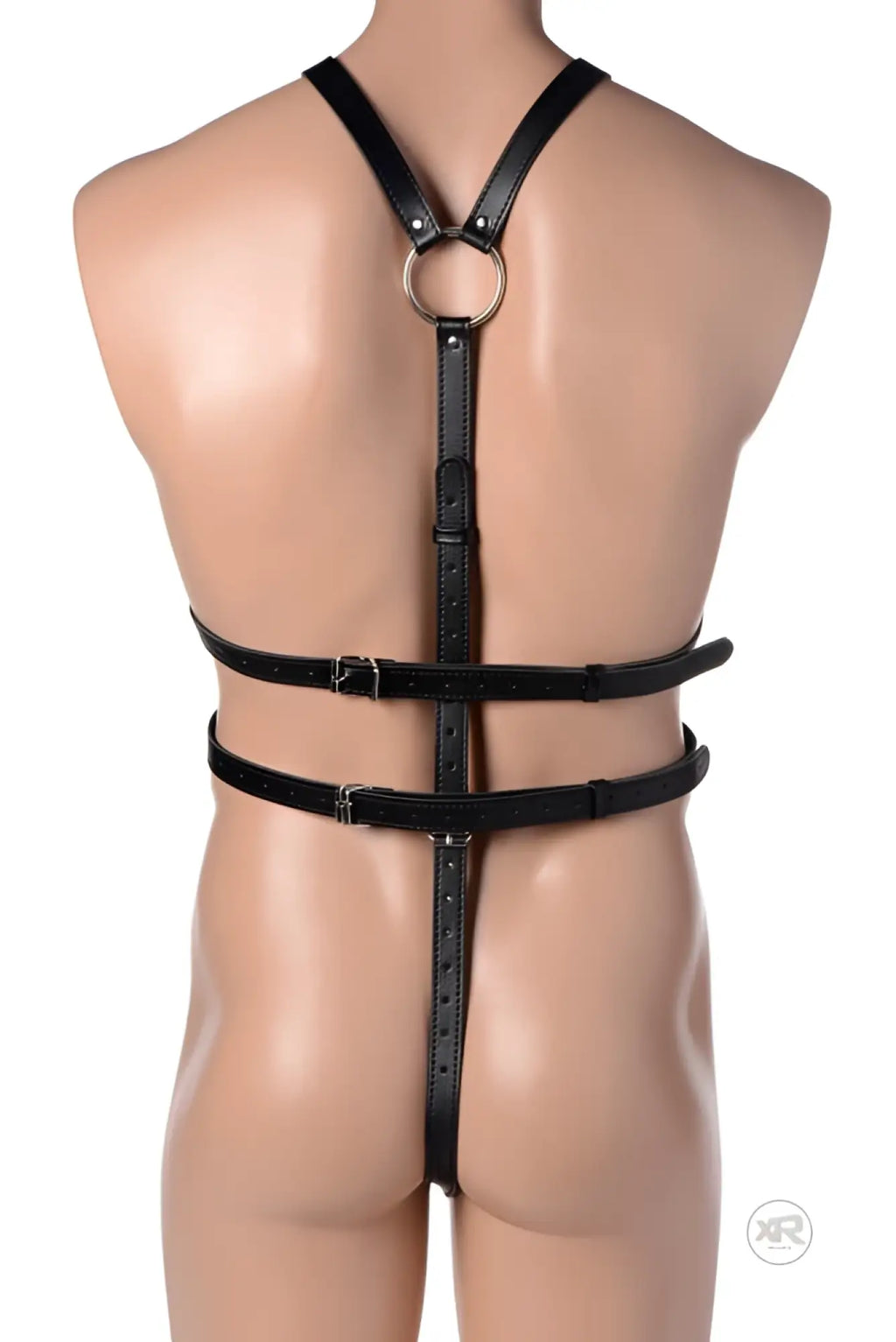 Black leather strict male full body harness with central ring and adjustable straps for secure fit
