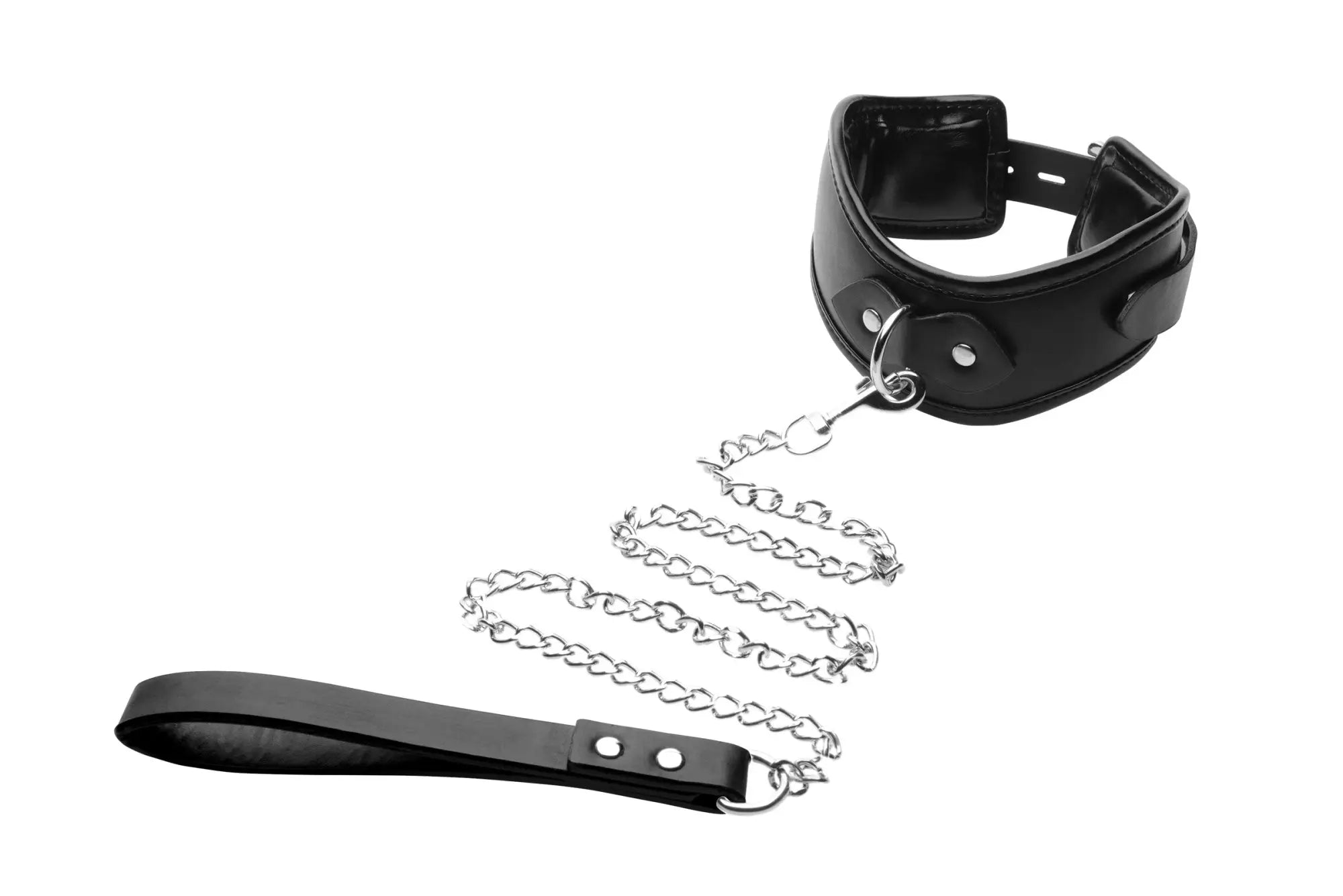 Black leather strict padded locking posture collar with silver chain and matching wrist strap in front view