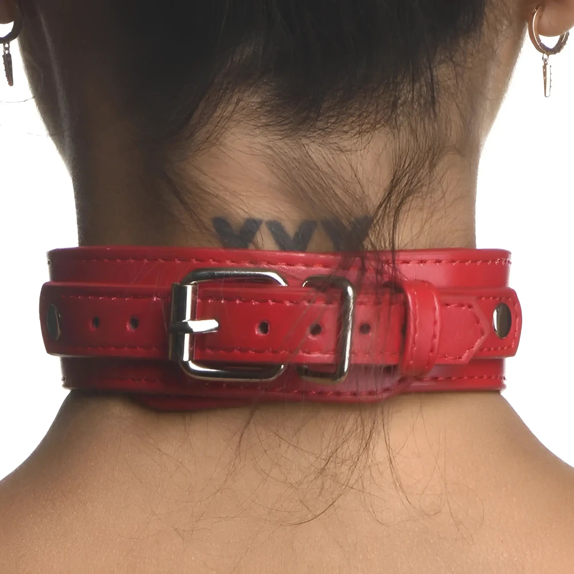 Strict red female chest harness m/l featuring a red leather collar with a silver buckle front view
