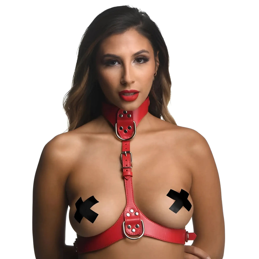 Strict red female chest harness in red leather with metal buckles and d-rings for bondage use in size s/m