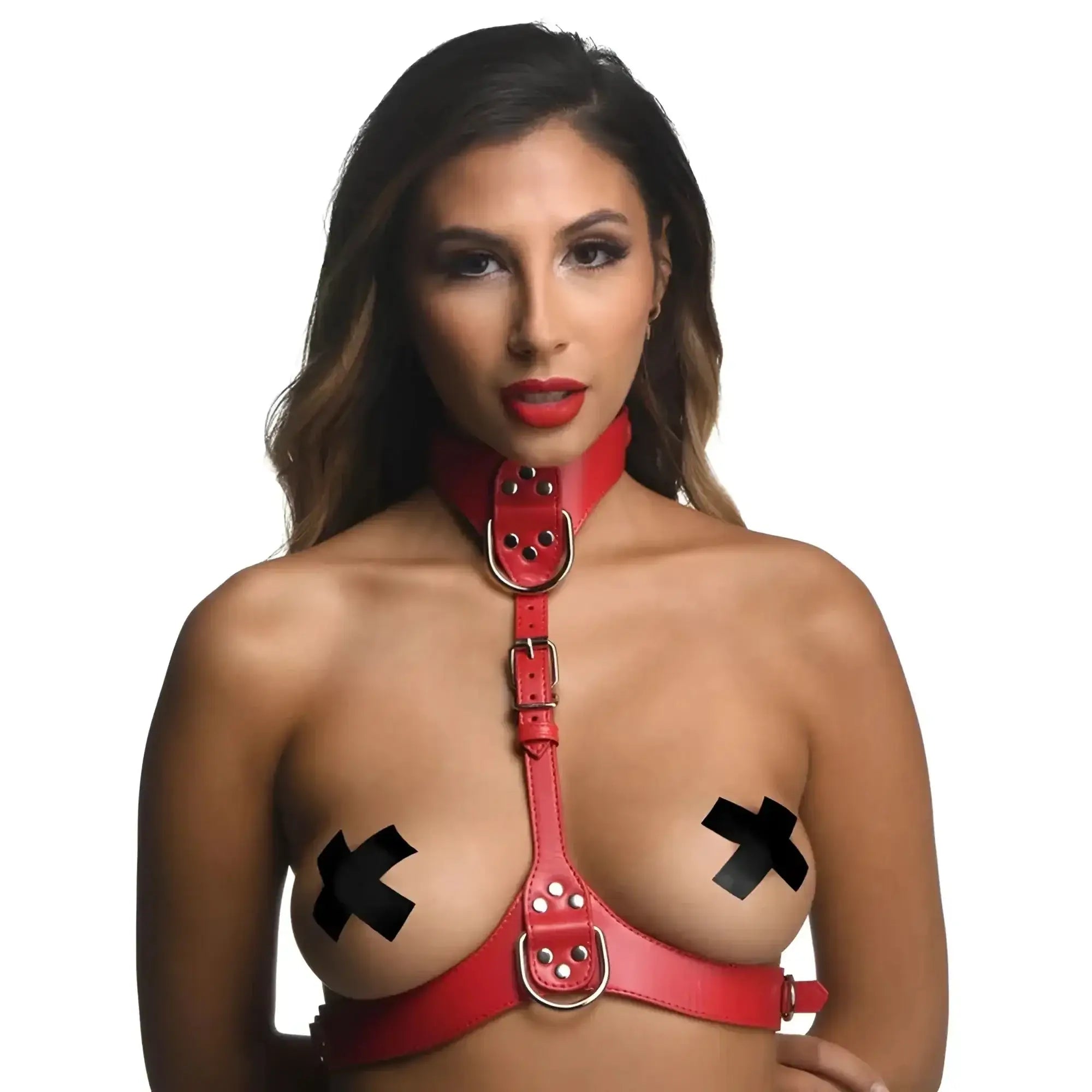 Strict red female chest harness in red leather with metal buckles and d-rings for bondage use in size s/m
