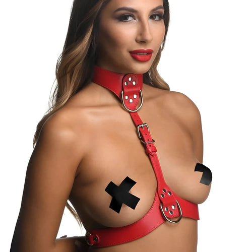 Strict red female chest harness in red leather with silver hardware and adjustable straps for secure fit