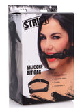 Black silicone bit gag with adjustable straps designed for strict control and comfort in restraint play