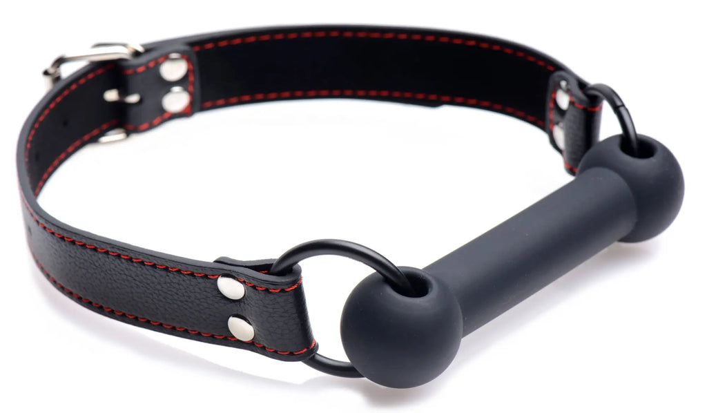 Black leather collar with red stitching and silver hardware featuring a matte black silicone muzzle attached by metal ring