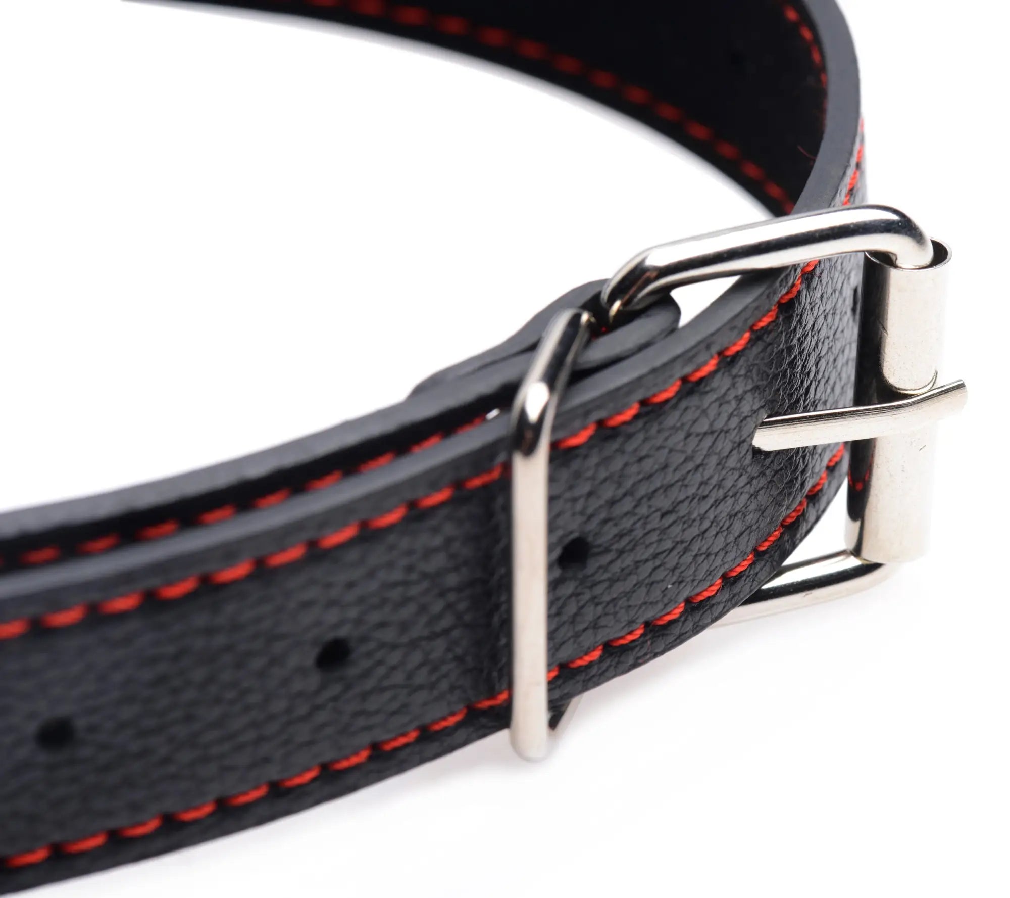 Black leather dog collar with red stitching and silver buckle for strict silicone bit gag use
