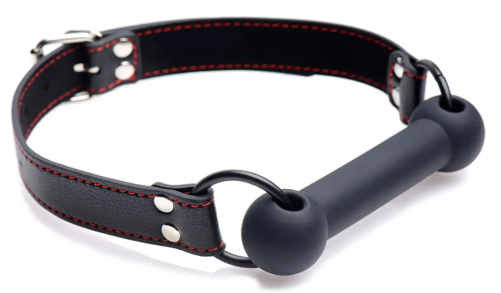 Black leather collar with red stitching and silver hardware featuring a matte black silicone muzzle attached by metal ring