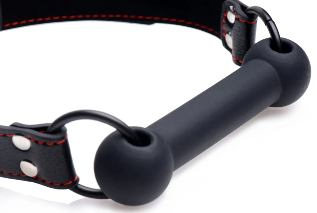 Black silicone bit gag with red-stitched leather strap and silver metal hardware for restraint play