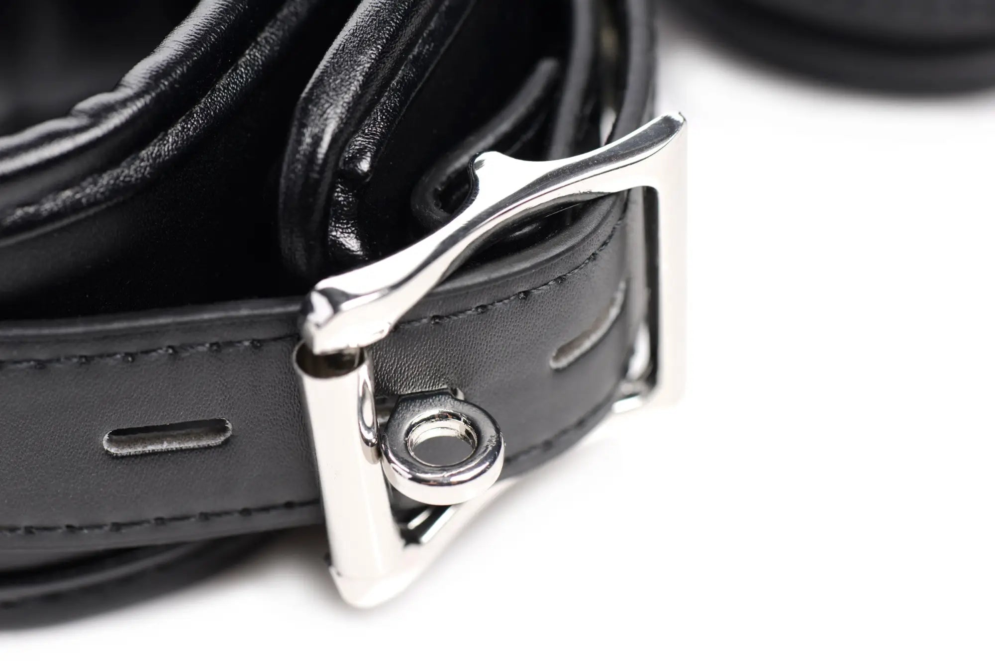 Black leather belt with sleek silver-toned metal buckle from strict slave bondage shackle set