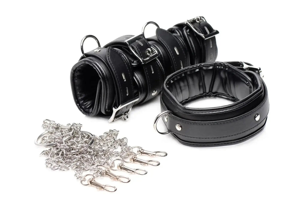 Black leather strict slave bondage shackle set with wrist cuff and neck collar featuring silver metal hardware